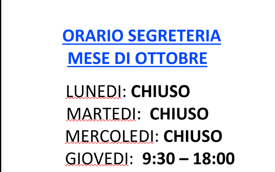 ORARIO APERTURA OTTOBRE 2025