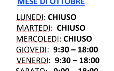 ORARIO APERTURA OTTOBRE 2026